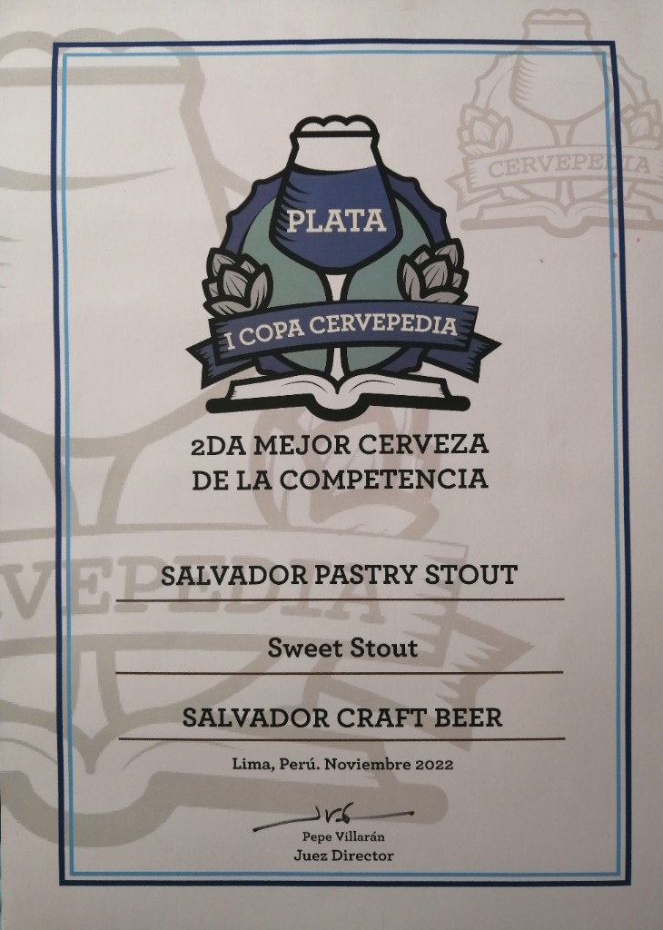 Medalla de Plata 2da Mejor Cerveza - Salvador Pastry Stout